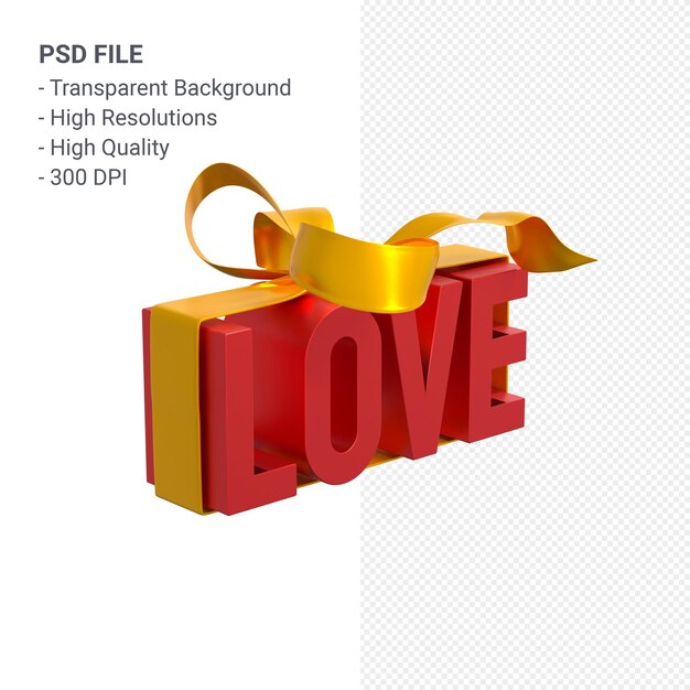 Liebe Text mit Bogen und Band 3D-Rendering isoliert