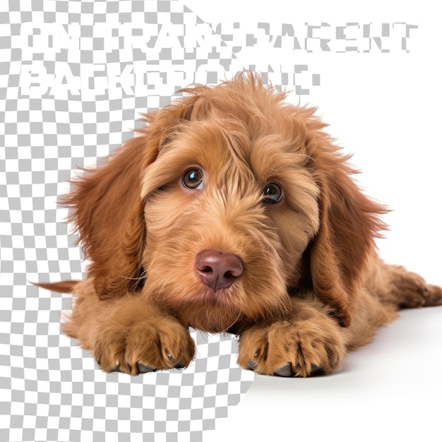 PSD liebenswerter roter abricot labradoodle hund welpe, der seitlich hinlegt und mit glänzenden dunklen augen in richtung kamera schaut, isoliert auf transparentem hintergrund, mit offenem mund und rosa zunge