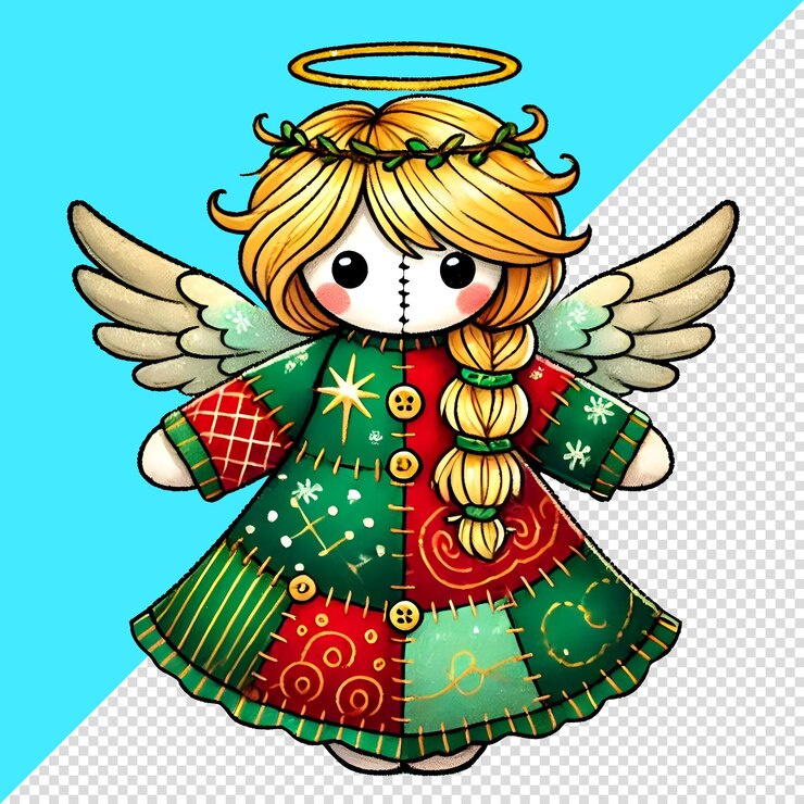 PSD liebenswerter weihnachtsengel mit halo und flügeln in patchwork-kleidung feiertagsillustration