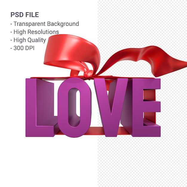 Liebeswort mit Bogen und Band 3D-Rendering isoliert