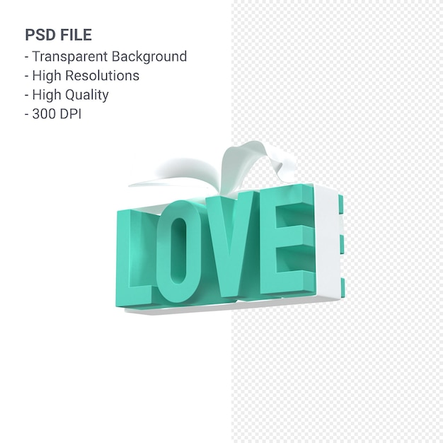 Liebeswort mit Bogen und Band 3D-Rendering isoliert