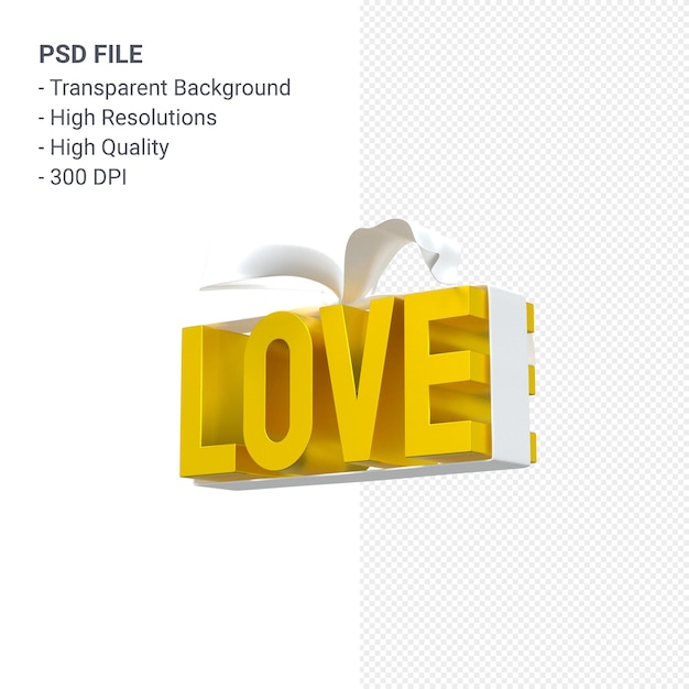 Liebeswort mit Bogen und Band 3D-Rendering isoliert