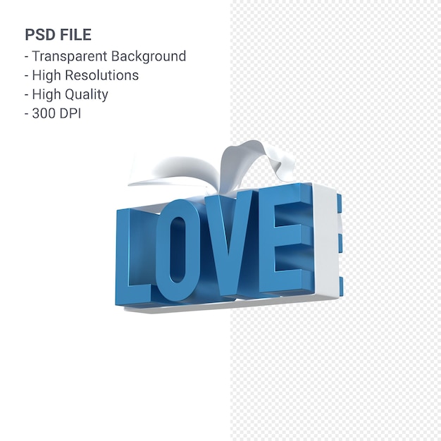 Liebeswort mit Bogen und Band 3D-Rendering isoliert