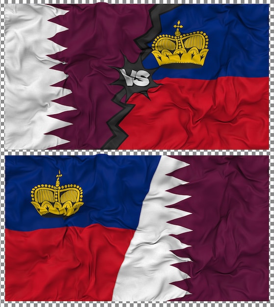 Liechtenstein gegen Katar Halbkombinierte Flagge Stoff-Bump-Textur 3D-Rendering