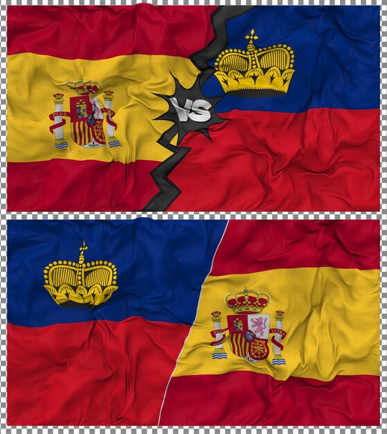 Liechtenstein gegen Spanien Halbkombinierte Flagge Stoff-Bump-Textur 3D-Rendering