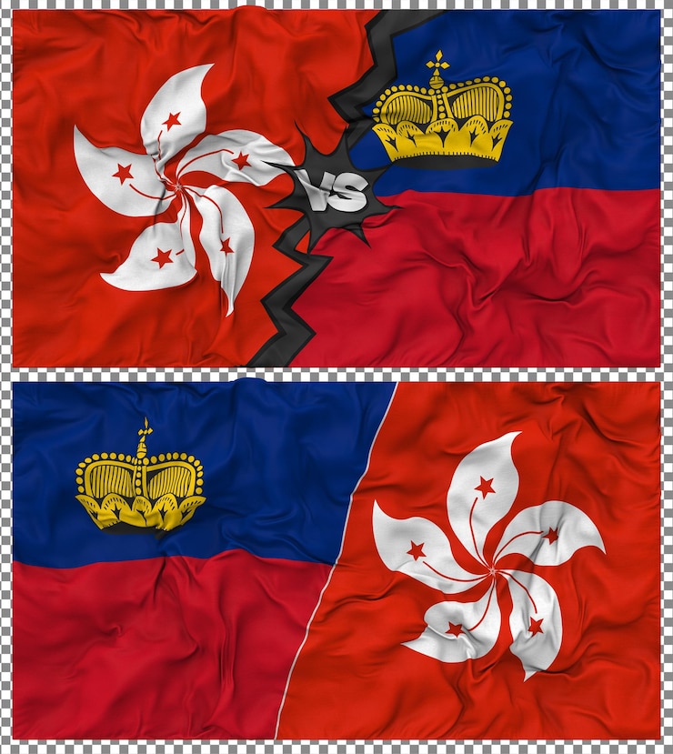 PSD liechtenstein vs hong kong meia bandeira combinada textura de tecido de bump renderização 3d