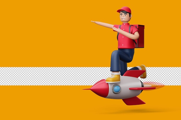 Lieferer auf Rakete mit Lieferbox 3D-Rendering