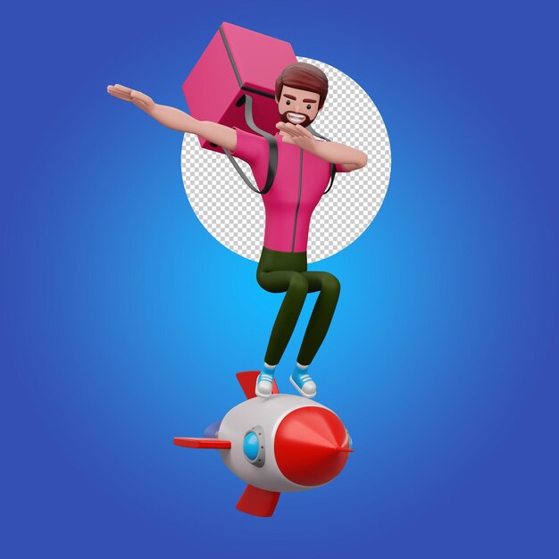 Lieferer auf Rakete mit Lieferbox 3D-Rendering