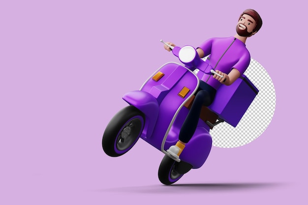 Lieferer, der ein motorrad mit lieferbox 3d-rendering fährt