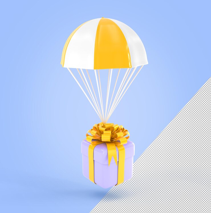 PSD lieferservice schnelles versandkonzept mit fliegenfallschirm und geschenkbox in umwickeltem goldenem band und schleife cartoon-bestellversand-symbol online-shopping-paket mit überraschung oder geschenk 3d-illustration