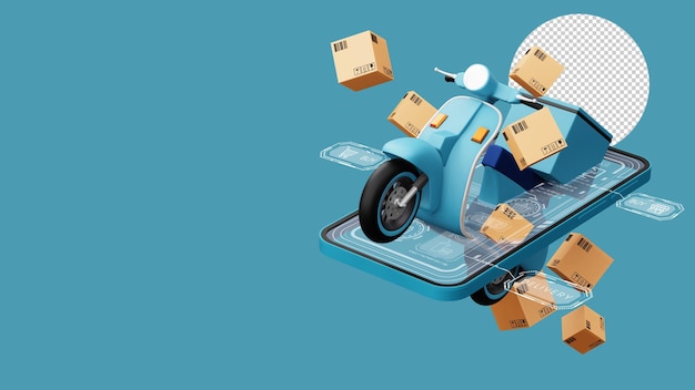 Lieferung Kurierdienst Online-Shopping-Motorrad mit Paketbox 3D-Rendering