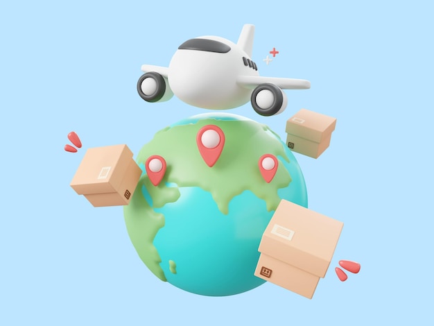 Lieferung von Paketkästen für den Flugzeugversand mit Pin auf dem Globus. Globaler Einkaufs- und Lieferservice