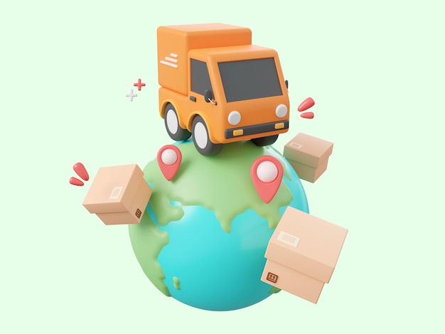 Lieferwagen-Versandpaketkästen mit Pin auf Globus Globales Einkaufs- und Lieferservice-Konzept