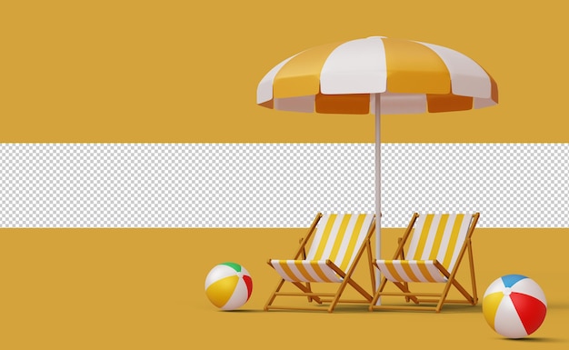 Liegestühle und sonnenschirme mit 3d-rendering des strandballs