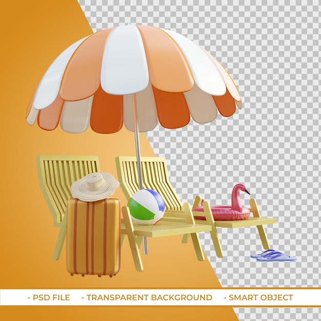 PSD liegestühle und sonnenschirme mit strandballgepäck 3d-rendering