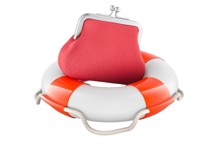 PSD lifebelt mit münzbeutel finanzversicherungskonzept 3d-rendering isoliert auf transparentem hintergrund