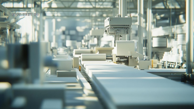PSD ligne de production d'usine automatisée moderne avec courroie transportatrice et machines robotiques