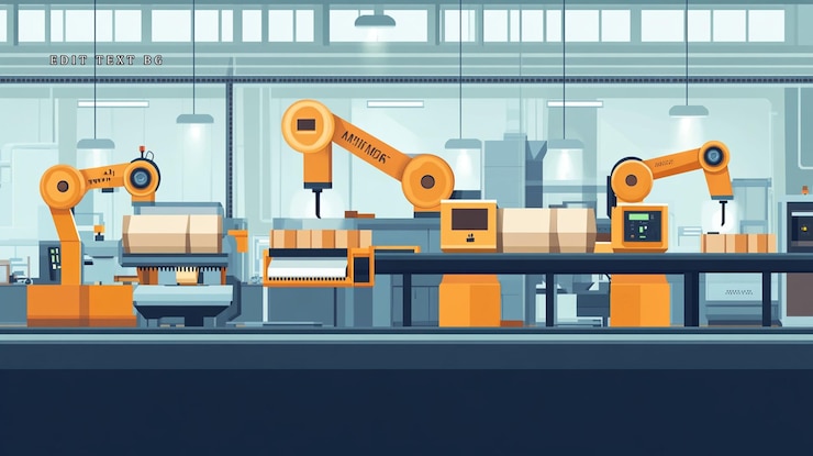 PSD ligne de production d'usine automatisée avec des produits d'emballage de bras robotiques sur un convoyeur