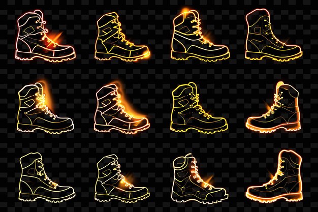 PSD lignes d'icônes de bottes de randonnée avec luminescence pulsante et ensemble png iconic y2k shape art decorativer