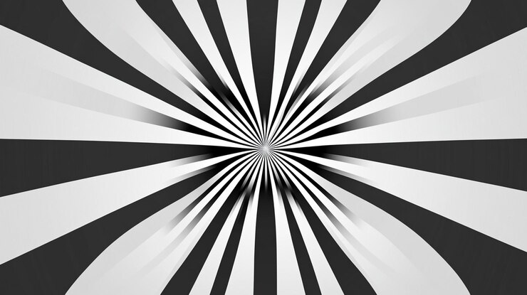 PSD des lignes rayonnantes abstraites en noir et blanc convergeant vers un point central créant un effet hypnotique dynamique