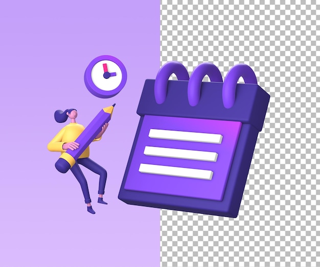 Lila 3D-Illustrationssymbol einer Figur mit Bleistift und Erinnerungsnotiz und Zeit für UI-UX-Design