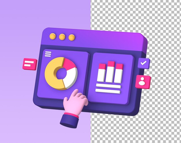 Lila 3D-Illustrationssymbol eines Statistik- oder Infografikdiagramms mit Handgestenseite für UI UX