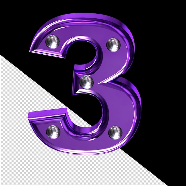 PSD lila 3d-symbol mit metallnieten nummer 3
