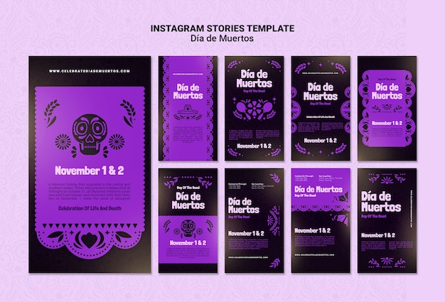 PSD lila dia de muertos social-media-stories-paket