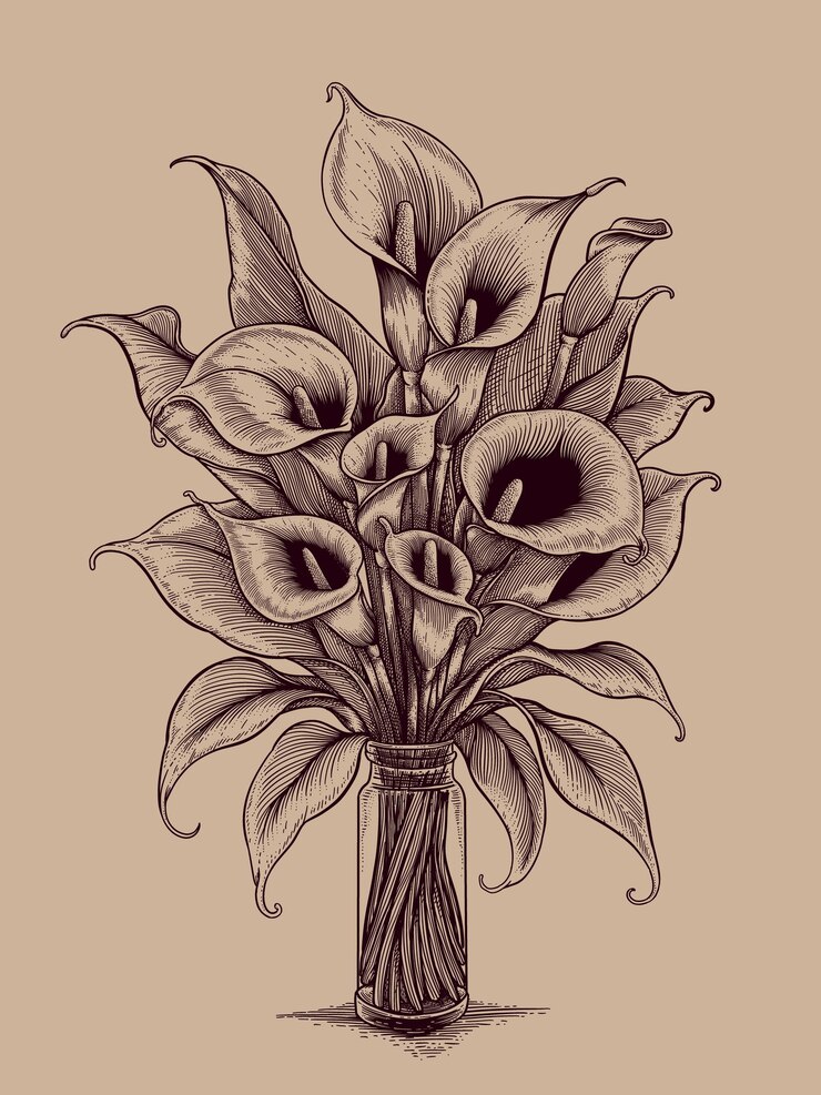 PSD lily bouquet in a glass vase illustration