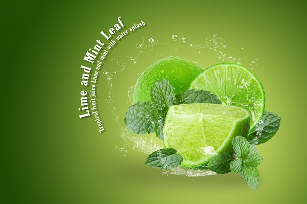 Lima y menta con agua salpicada aislada sobre fondo verde