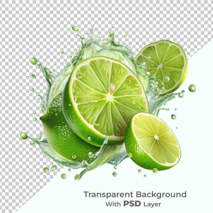 PSD limes de fondo transparente con salpicaduras aisladas en la capa alfa