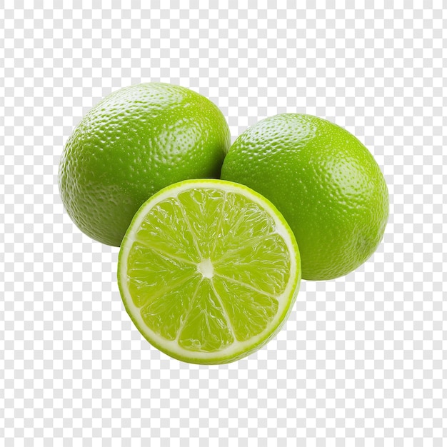 Limette fresche intere e tagliate isolate su sfondo trasparente