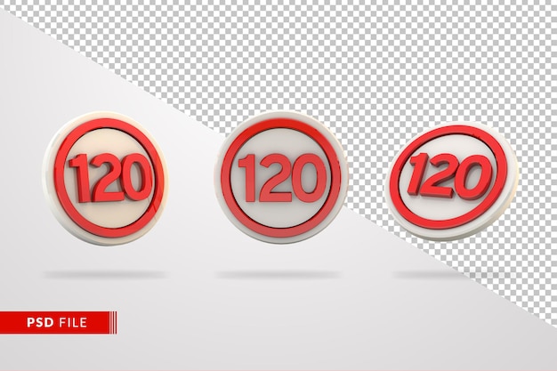 PSD límite de velocidad de 120 km 3d render set señal de tráfico flotando sobre fondo aislado