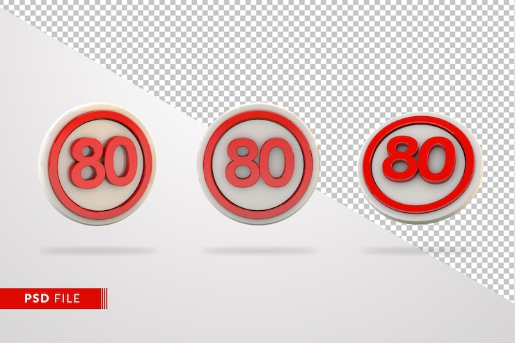 PSD límite de velocidad de 80 km 3d render set señal de tráfico flotando sobre fondo aislado