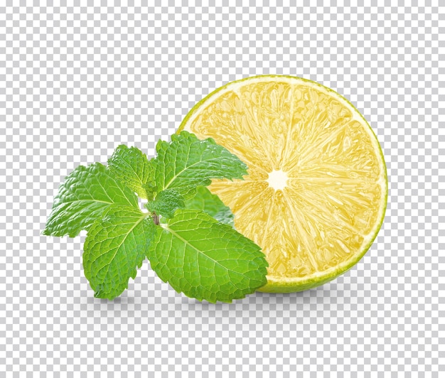 PSD limón fresco en rodajas con hojas de menta aislado