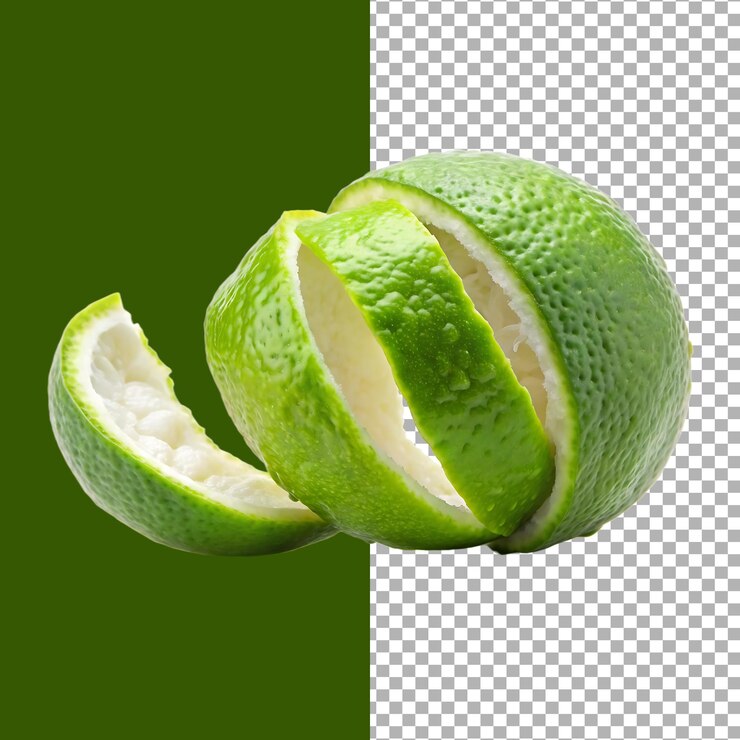 Limón pelado con cáscara sobre un fondo verde y transparente