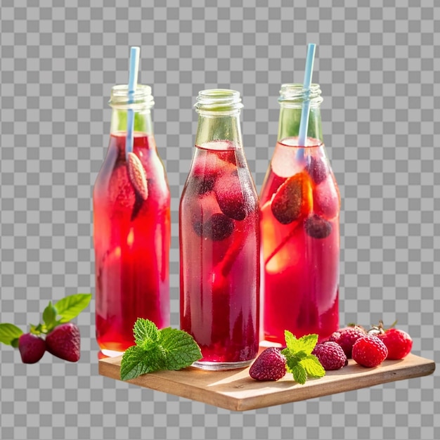Limonada de bayas en botellas en la mesa al aire libre