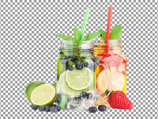 Limonada fresca em frascos de vidro com frutas em um fundo transparente