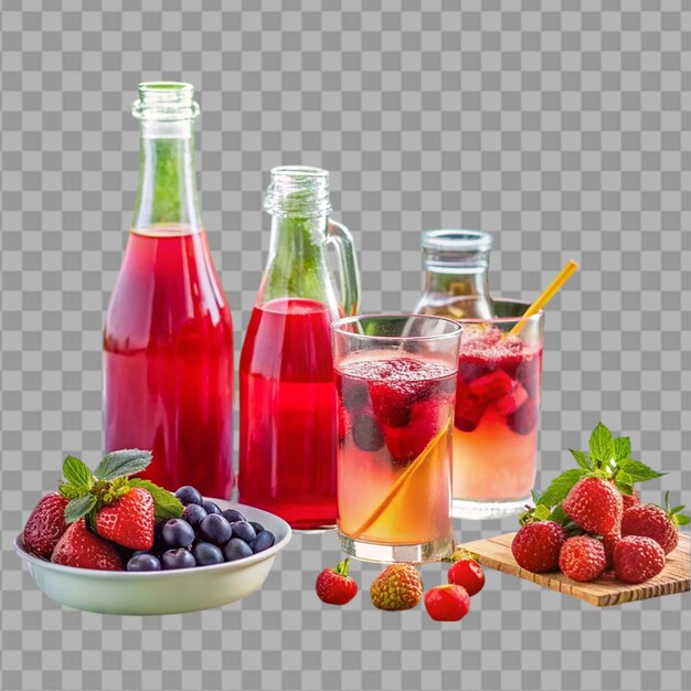 Limonata di bacche in bottiglia e bicchiere con bacche fresche