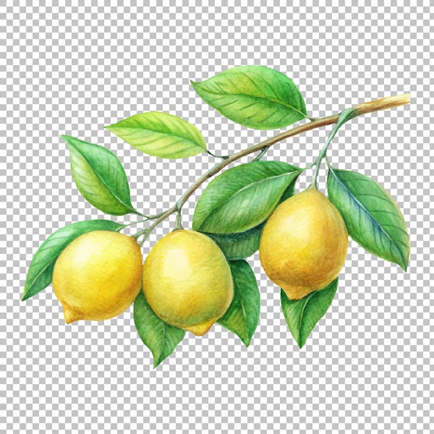 Limones de acuarela en la rama con hojas aisladas en un fondo transparente
