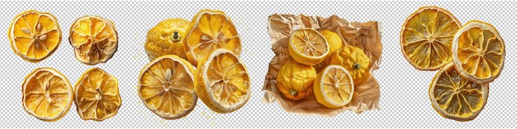 Limones secos aislados sobre un fondo transparente que muestran sus superficies de textura arrugada y
