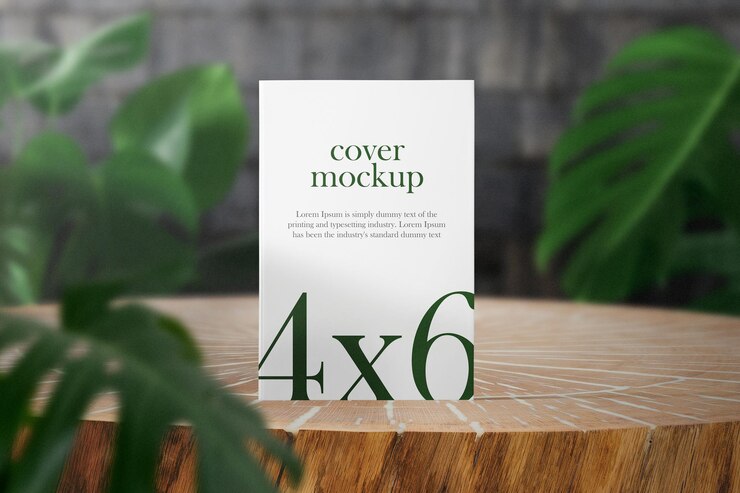 PSD limpe a maquete 4x6 do livro mínimo em madeira com folhas