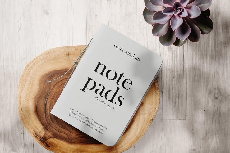 Limpe a maquete de blocos de notas de capa mínima na mesa superior com placa de madeira e planta