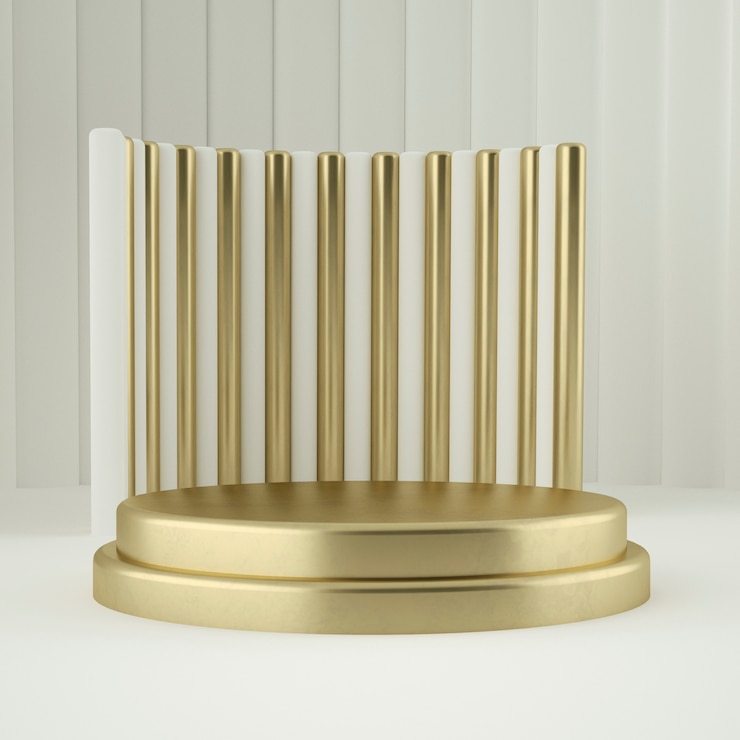 PSD limpie el pedestal del producto de oro blanco, el marco de oro, el tablero conmemorativo, el concepto mínimo abstracto, el espacio en blanco. representación 3d