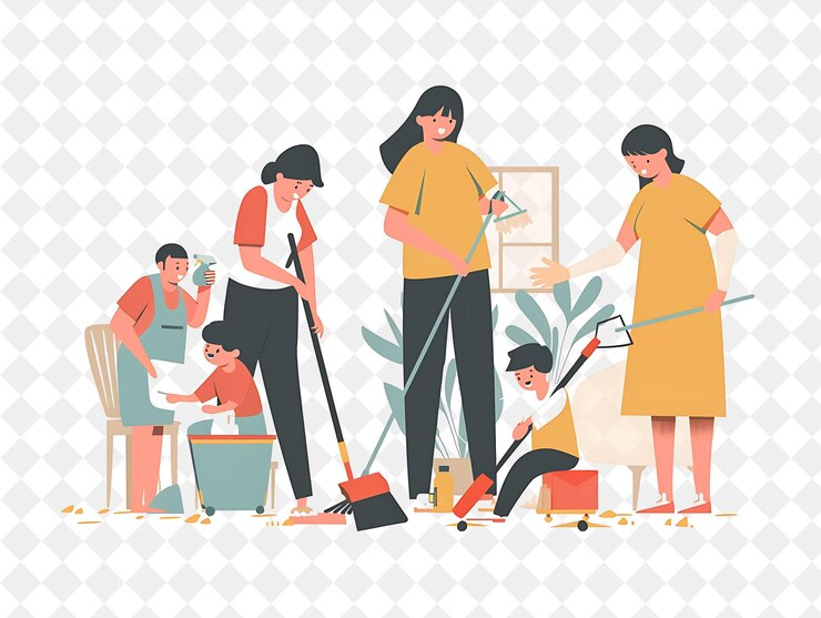 PSD limpieza de primavera con las familias ordenando sus hogares diseño festival png ilustraciones de arte plano 2d