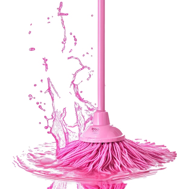 PSD limpieza de trapeado con cerdas rosadas húmedas salpicando agua