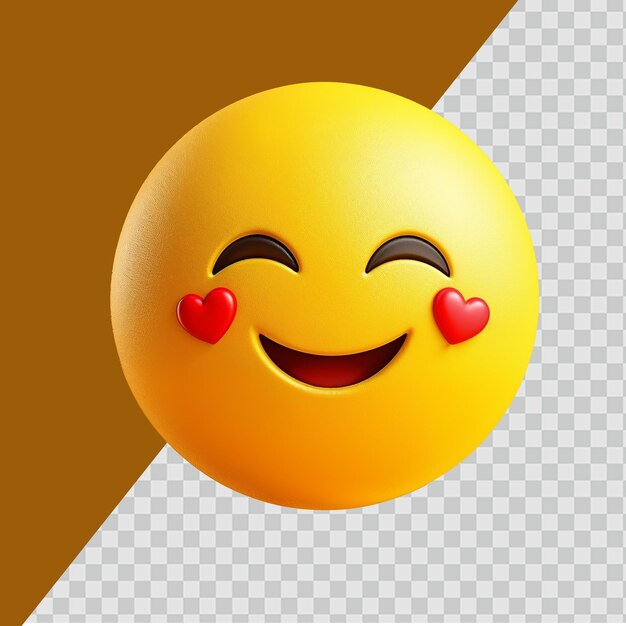 Una linda bola amarilla emoji con pequeños corazones rojos en sus mejillas que parecen felices y alegres contra un