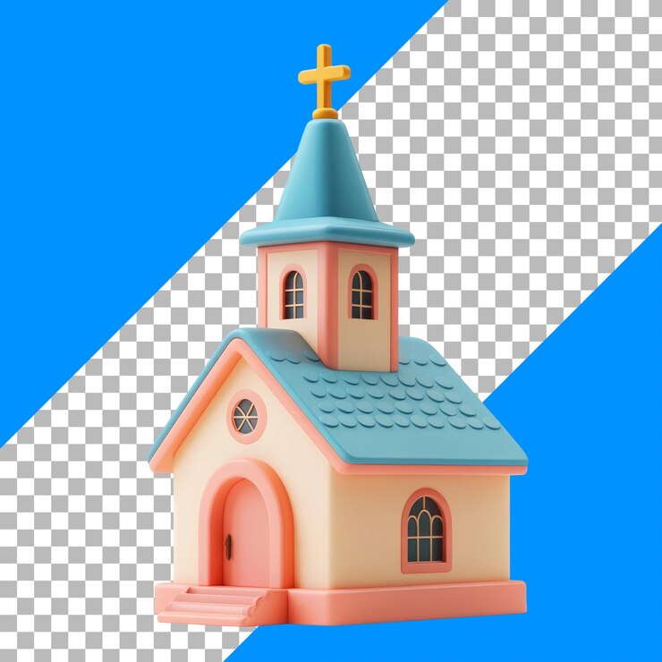 Linda capilla renderizada en 3D con techo azul y colores pastel
