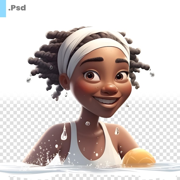 PSD linda chica afroamericana en una piscina; plantilla psd de renderizado 3d