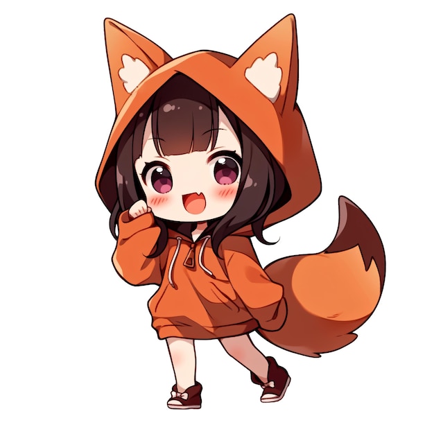 Linda chica chibi con una sudadera con capucha de zorro